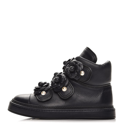 Chanel Calfskin Camellia High Top Sneakers 37.5 Navy 1 of 7
