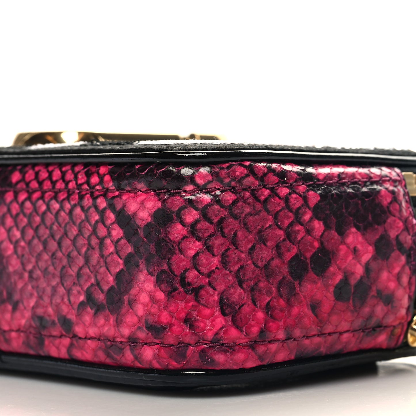 Metallic Sequin Snake Embossed Calfskin Stripe Snapshot Camera Bag Black White Pink