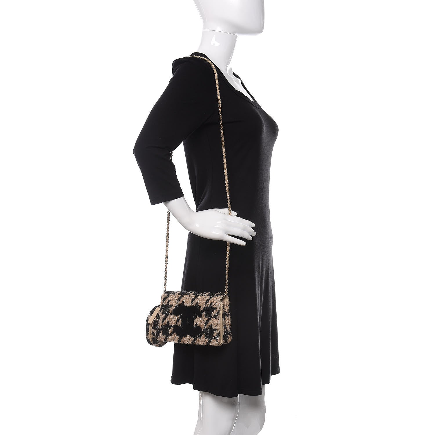 Chanel Tweed Shearling Quilted Wallet On Chain WOC and Coin Purse Beige Black 2 of 12