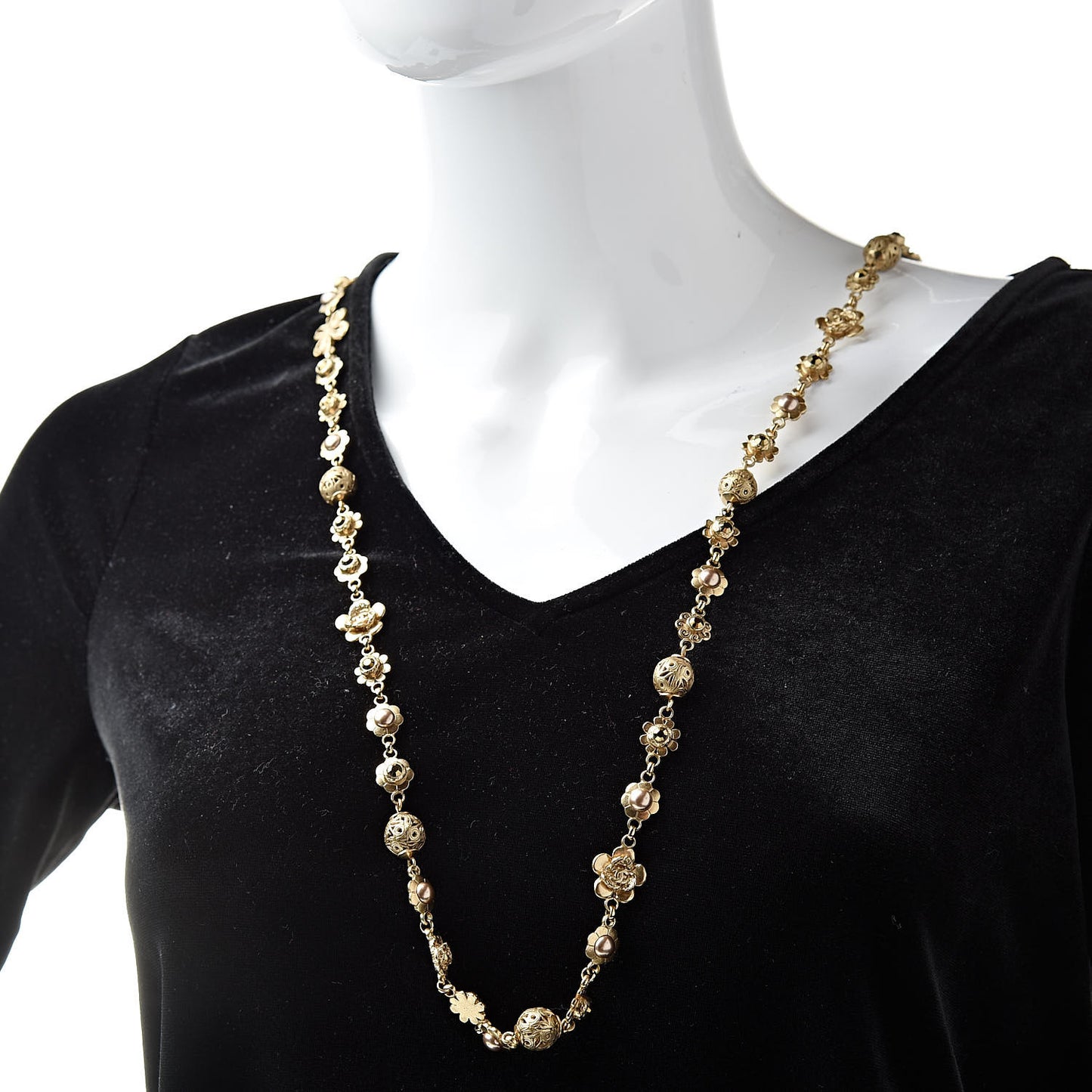 Pearl Camellia CC Long Necklace Gold