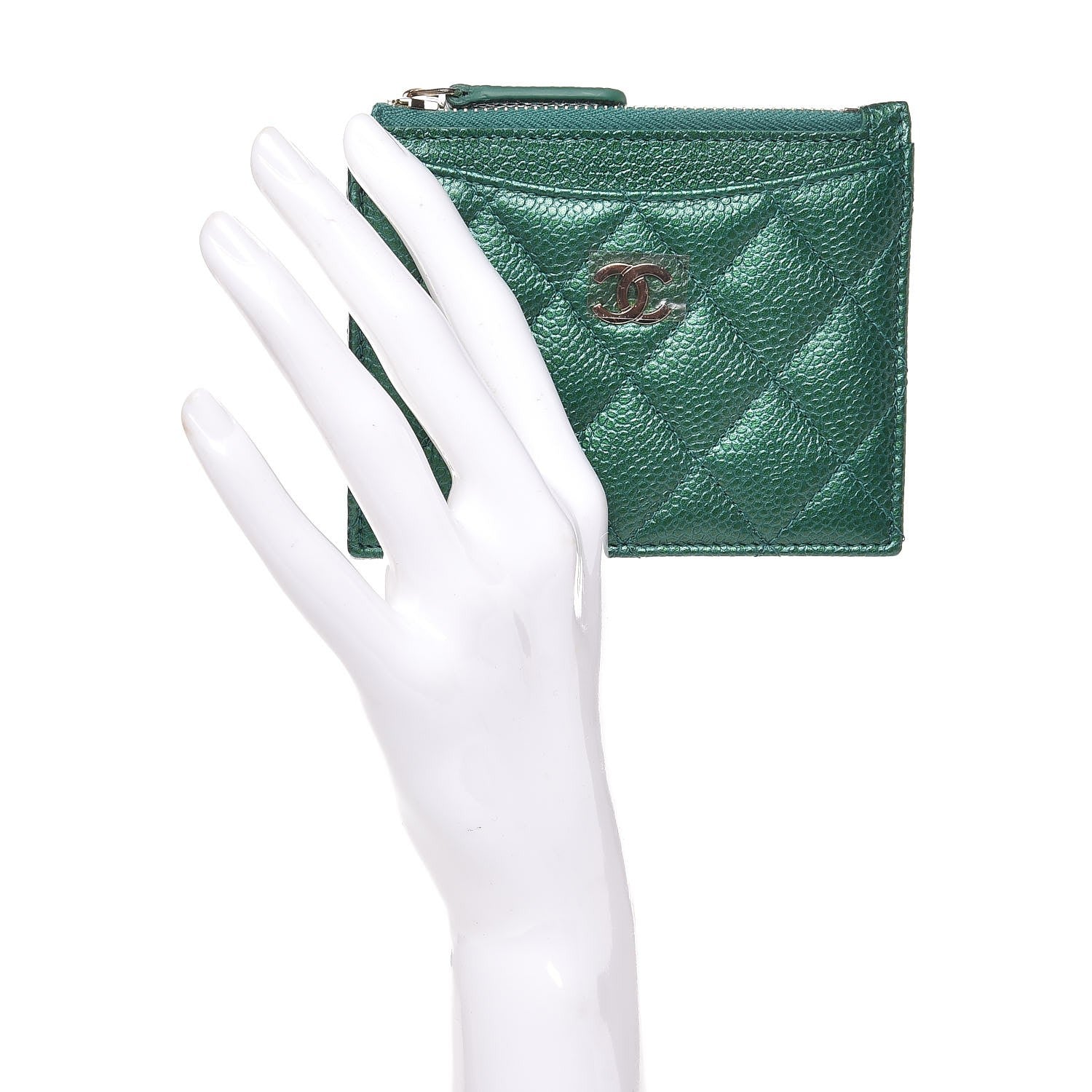 Chanel Metallic Caviar Quilted CC Zip Card Holder Green 10 of 16