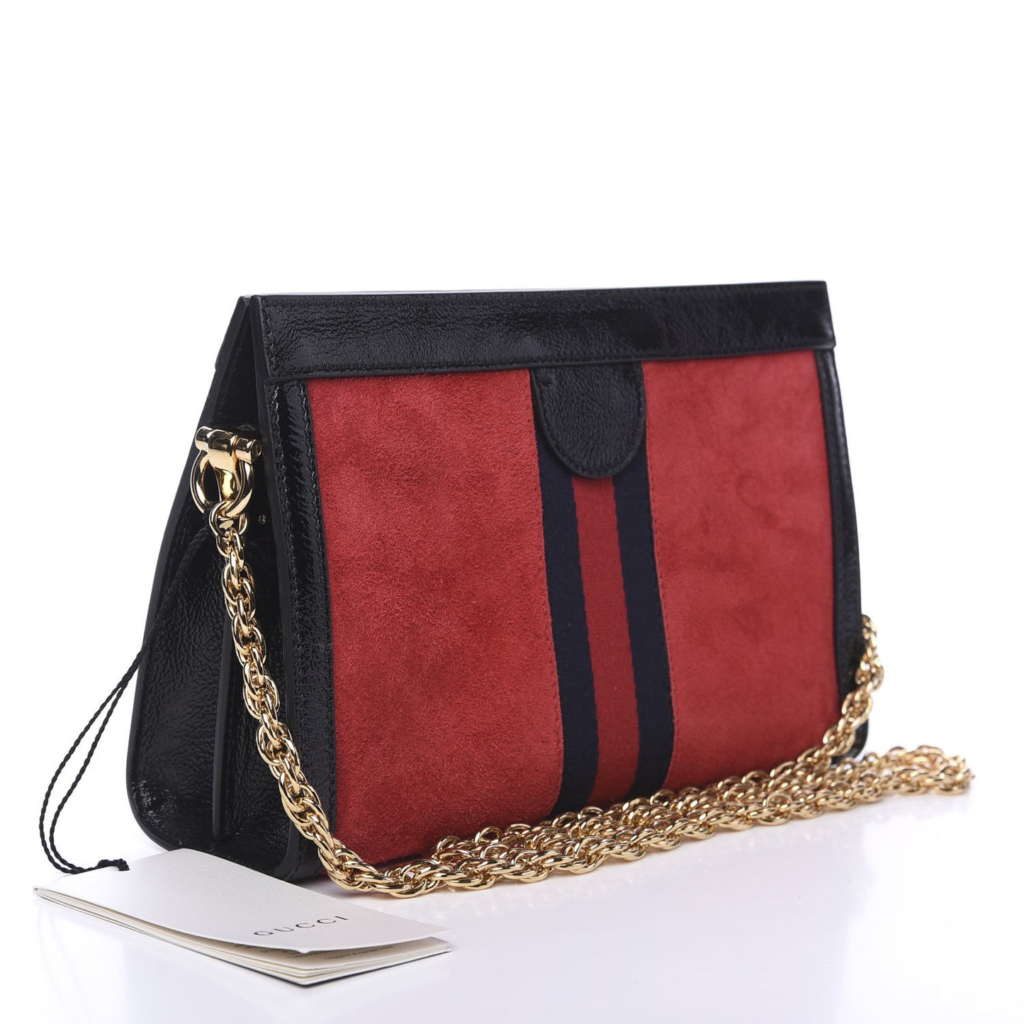 Suede Patent Web Small Ophidia Chain Shoulder Bag Hibiscus Red Black