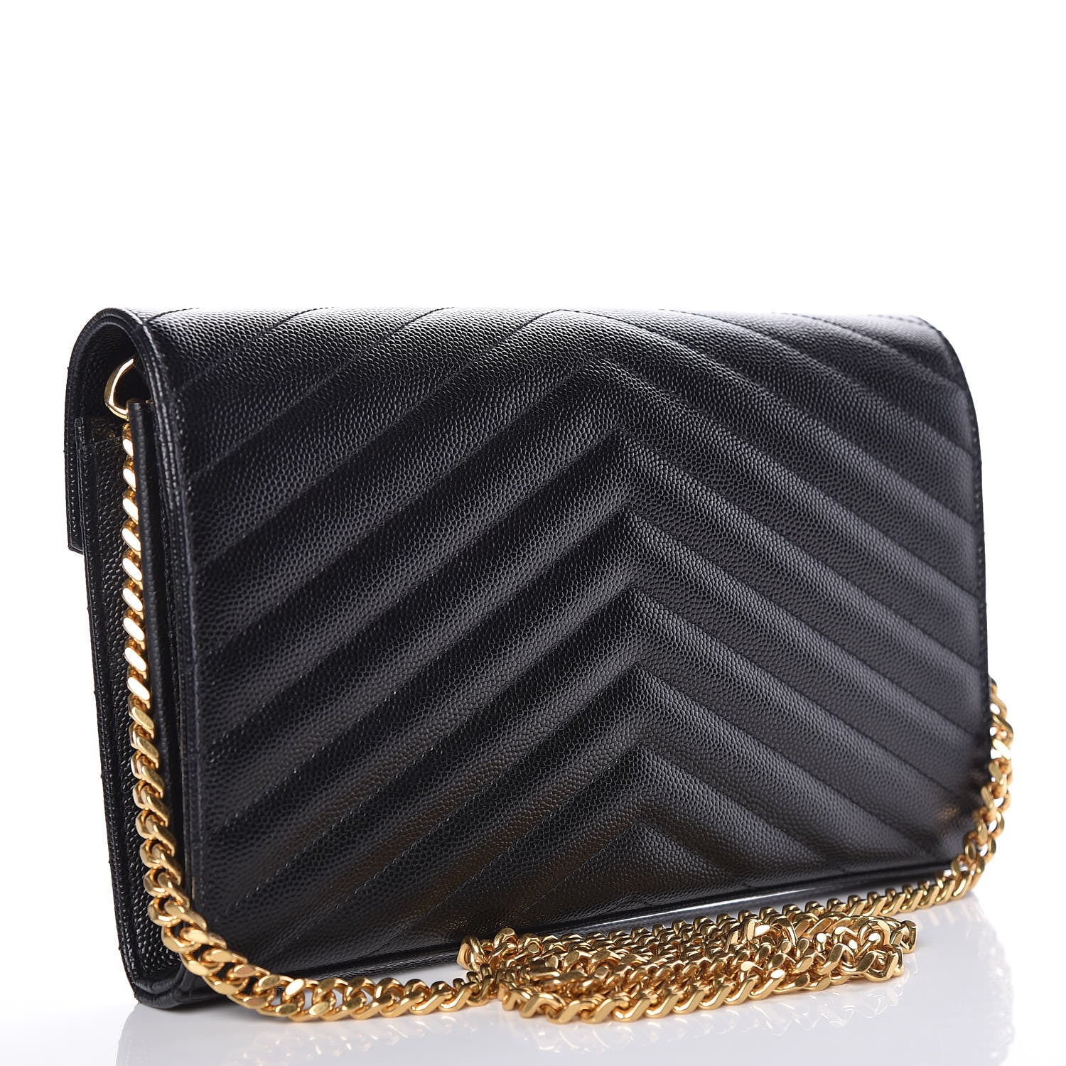 Saint Laurent Grain De Poudre Matelasse Chevron Monogram Chain Wallet Black 3 of 17