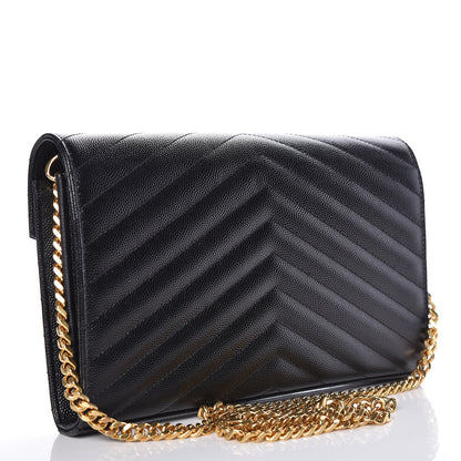 Saint Laurent Grain De Poudre Matelasse Chevron Monogram Chain Wallet Black 3 of 17
