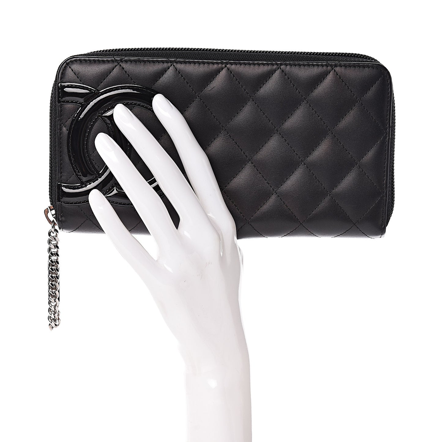 Calfskin Quilted Cambon Large Gusset Zip Around Wallet Black Silver