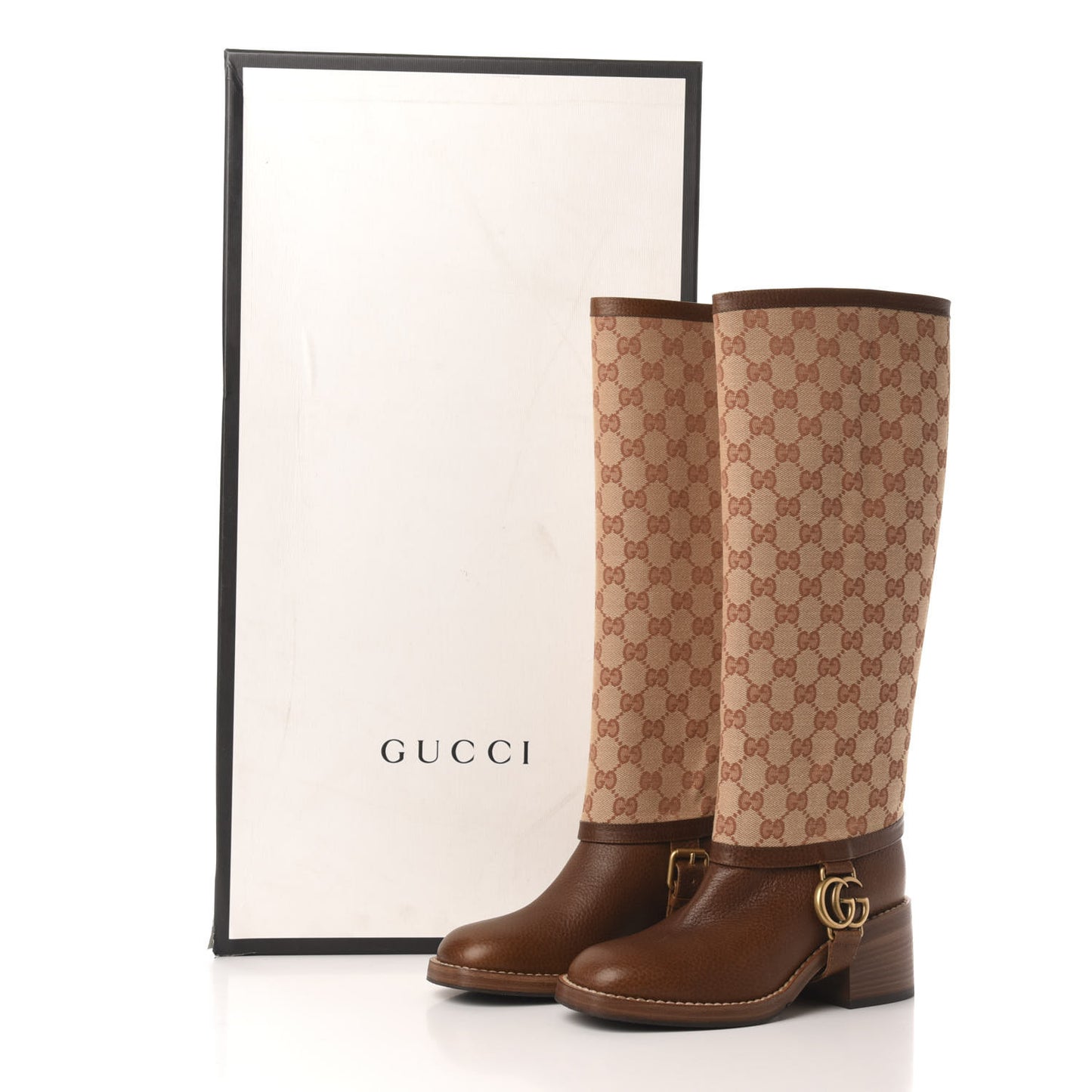 GG Monogram Calfskin Lola Tall Boots 35 Beige Ruggine Cuir