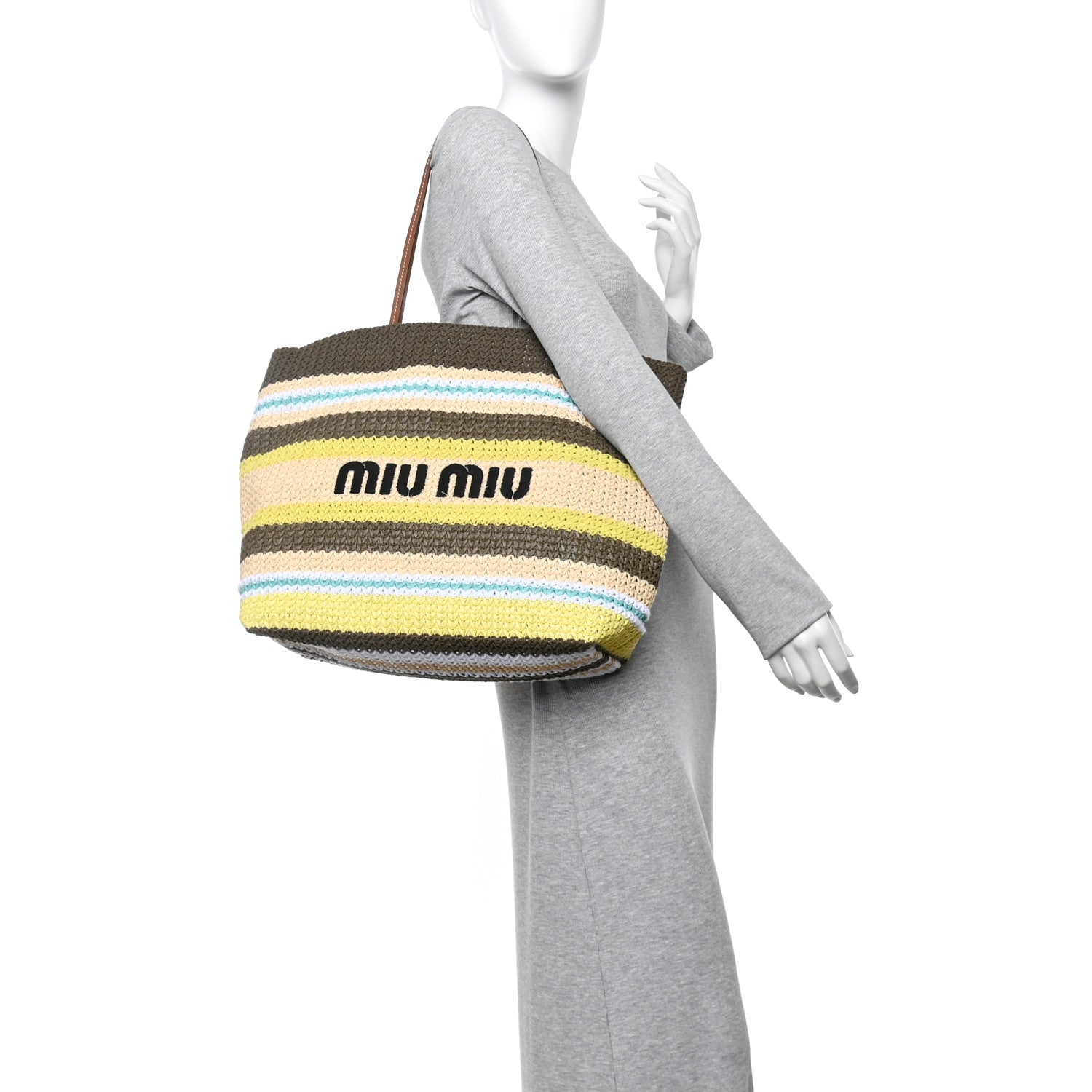 Miu Miu Raffia Crochet Stripe Tote Bag Tundra Limone Natural