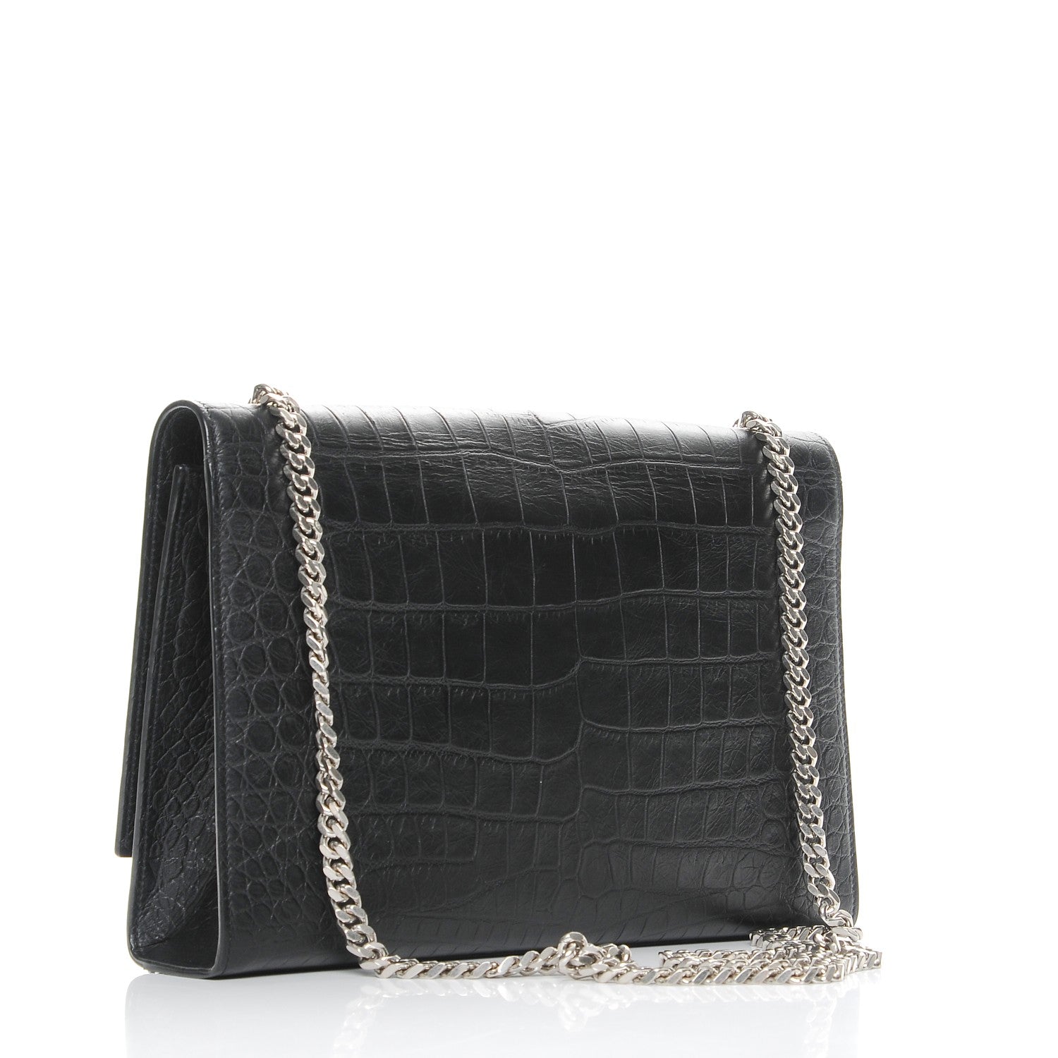 Saint Laurent Calfskin Crocodile Embossed Large Classic Monogram Kate Satchel Black 3 of 7