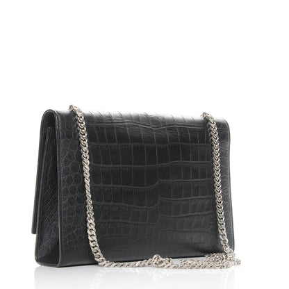 Saint Laurent Calfskin Crocodile Embossed Large Classic Monogram Kate Satchel Black 3 of 7