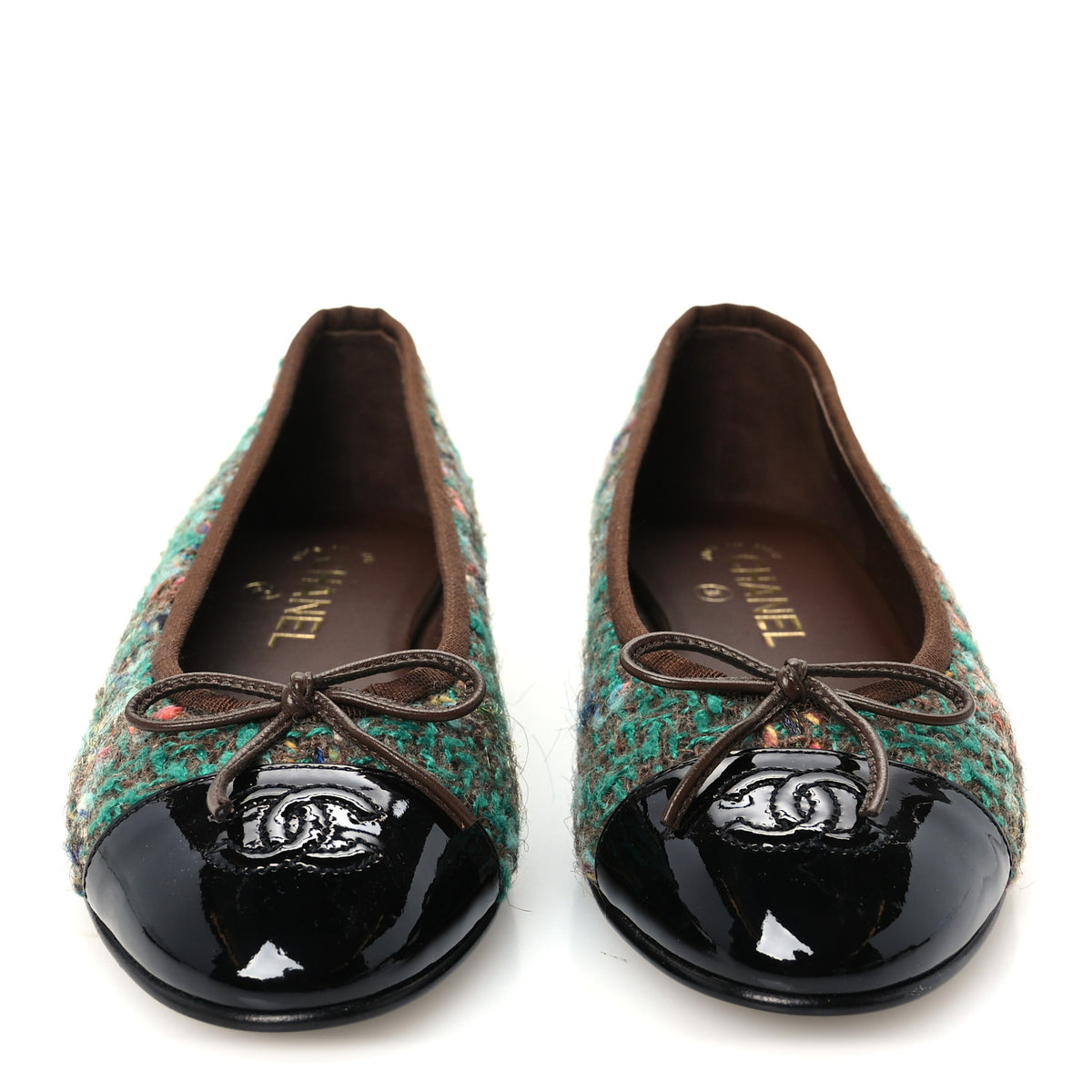 Wool Silk Tweed Patent Cap Toe Ballerina Flats 37 Dark Green Brown Blue Black