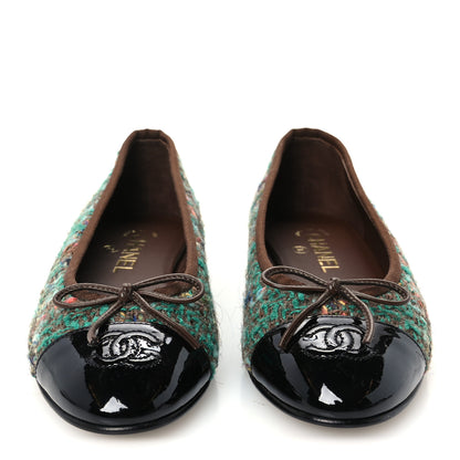 Chanel Wool Silk Tweed Patent Cap Toe Ballerina Flats 37 Dark Green Brown Blue Black 3 of 10