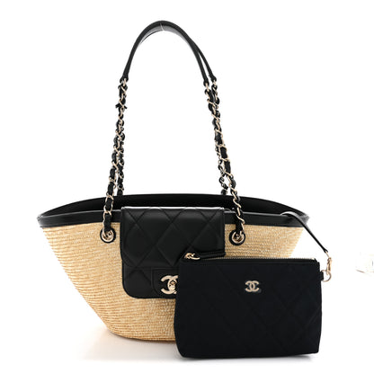 Chanel Raffia Braided Lambskin Small Shopping Tote Beige Black 3 of 11