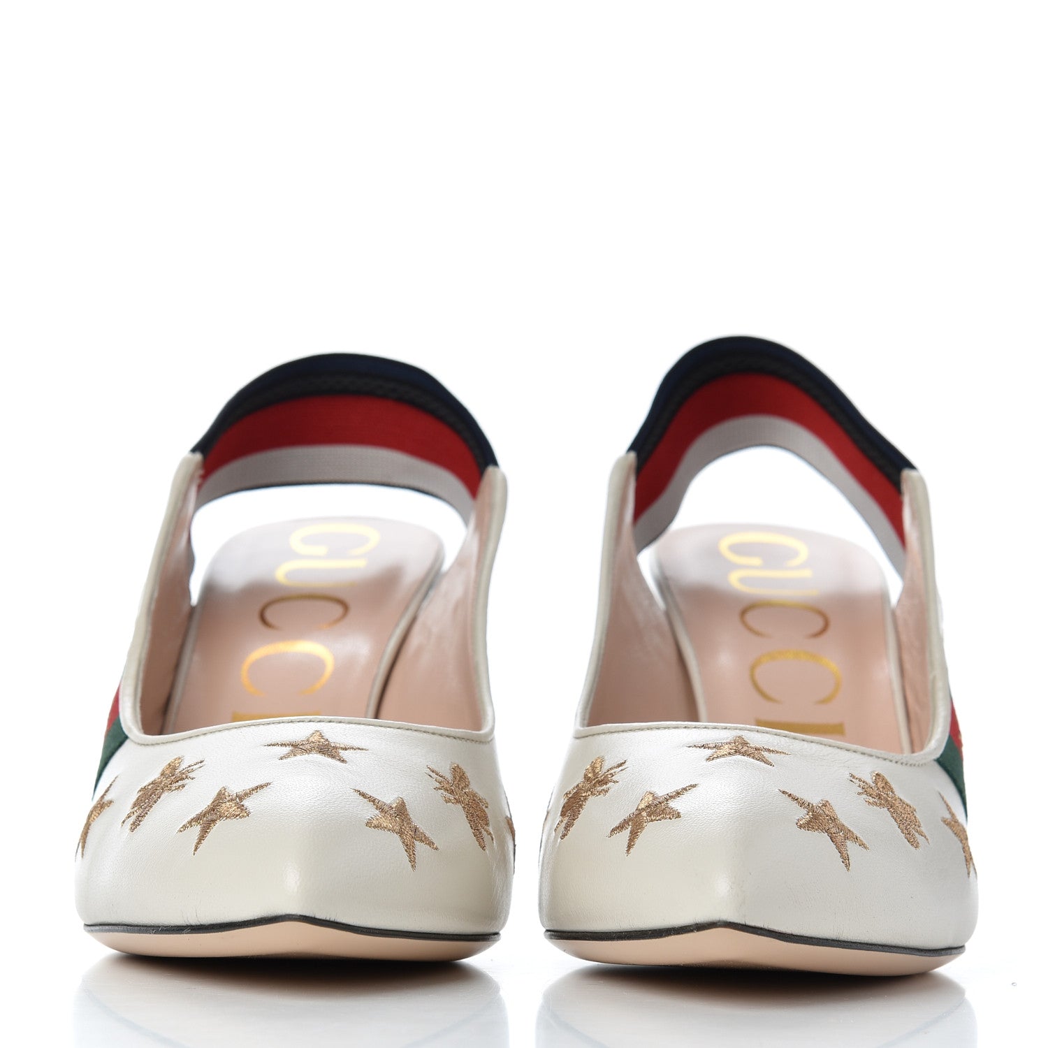 Gucci Malaga Kid Web Bee Star Embroidered Sylvie Mid Heel Slingback Pumps 39.5 White 2 of 9