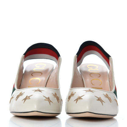 Gucci Malaga Kid Web Bee Star Embroidered Sylvie Mid Heel Slingback Pumps 39.5 White 2 of 9
