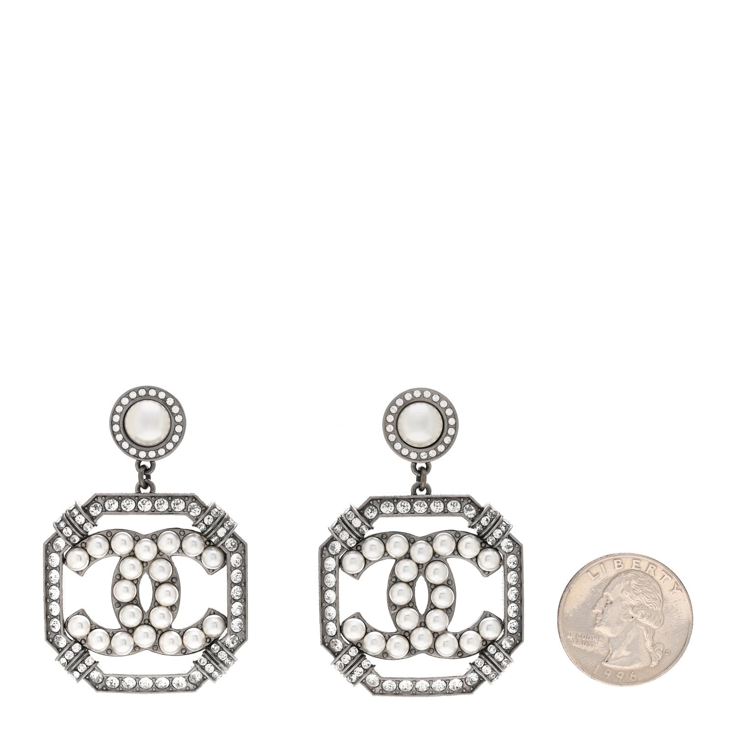 Chanel Pearl Crystal CC Drop Earrings Silver 2 of 4