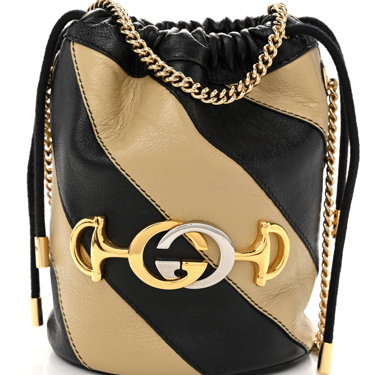 Gucci Calfskin Diagonal Striped Mini Zumi Bucket Bag Black Beige 7 of 9
