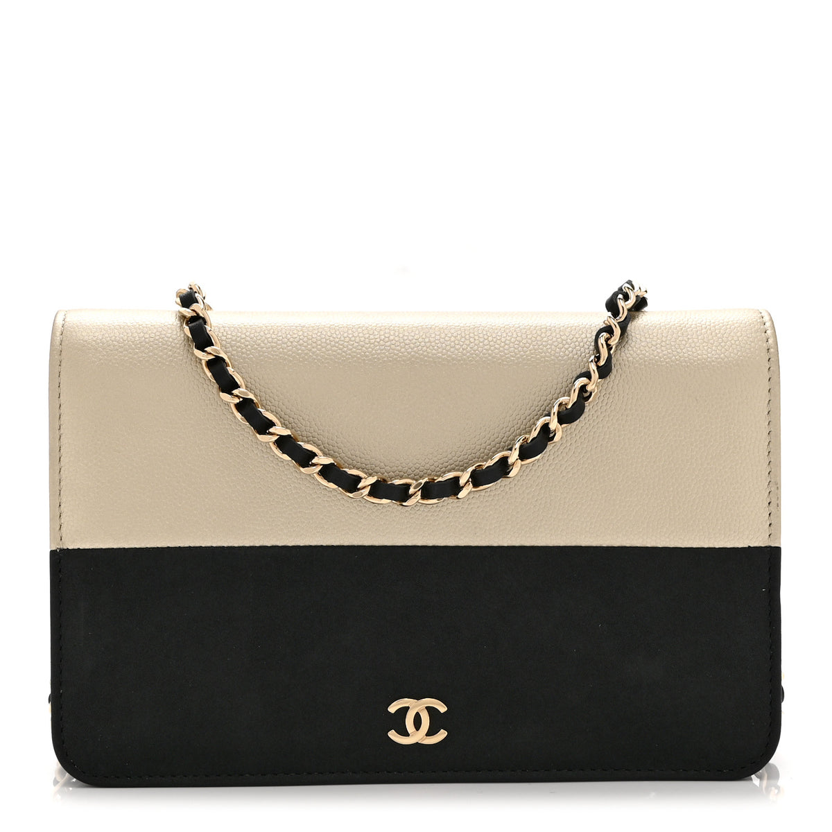 Chanel Metallic Caviar Suede Wallet On Chain WOC Gold Black 1 of 11