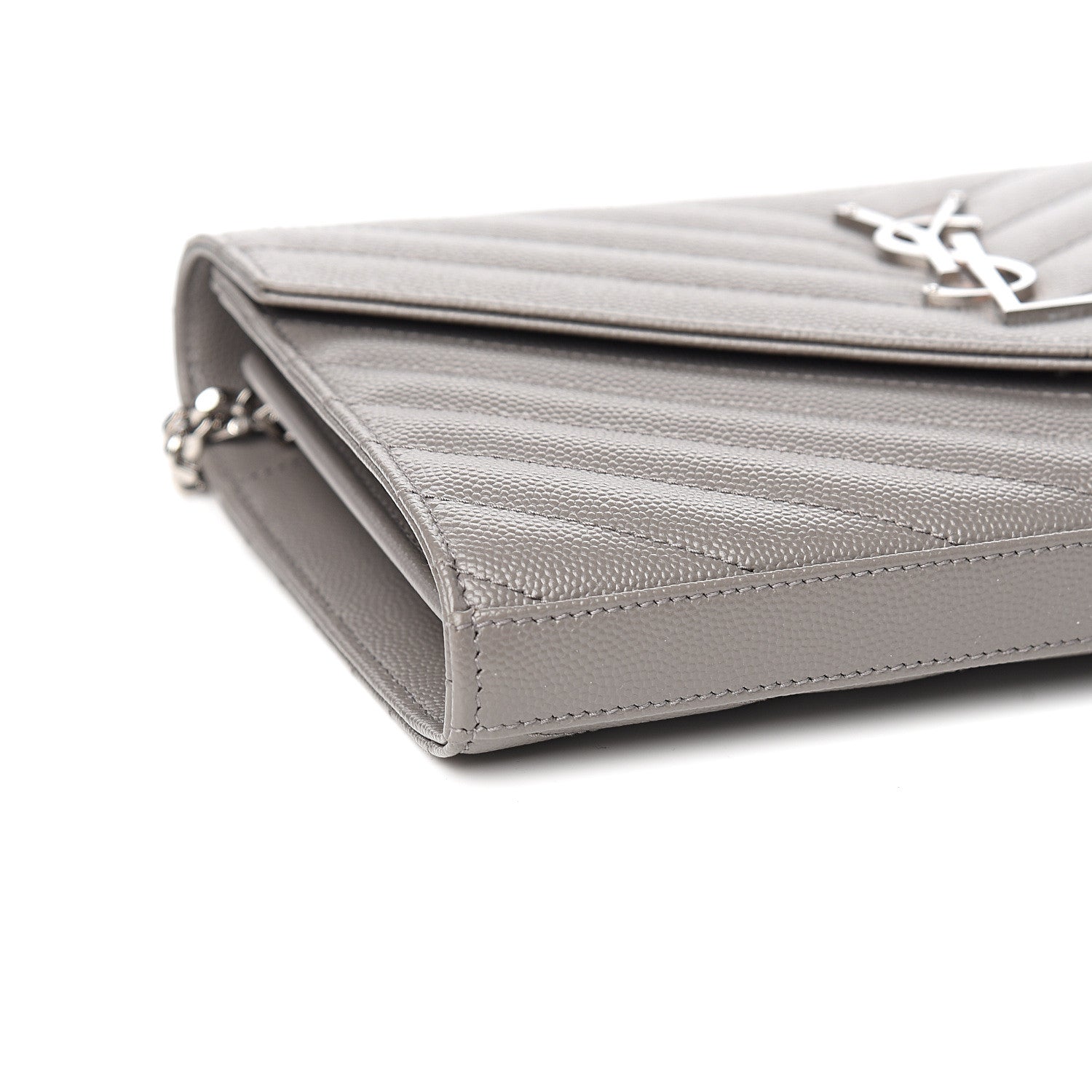 Saint Laurent Grain De Poudre Matelasse Chevron Monogram Chain Wallet Fog 6 of 9