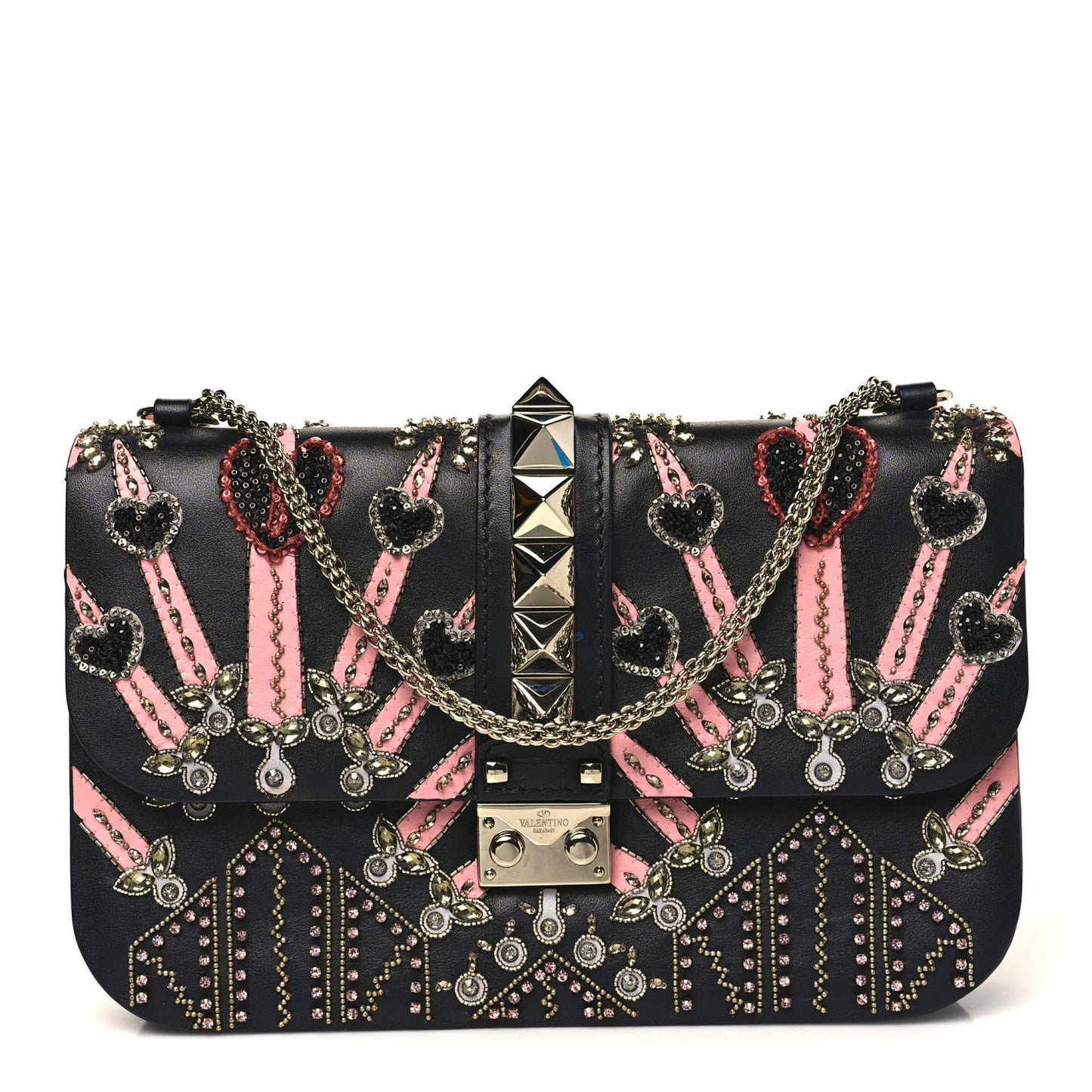 Vitello Crystal Loveblade Embellished Medium Glam Lock Rockstud Flap Black