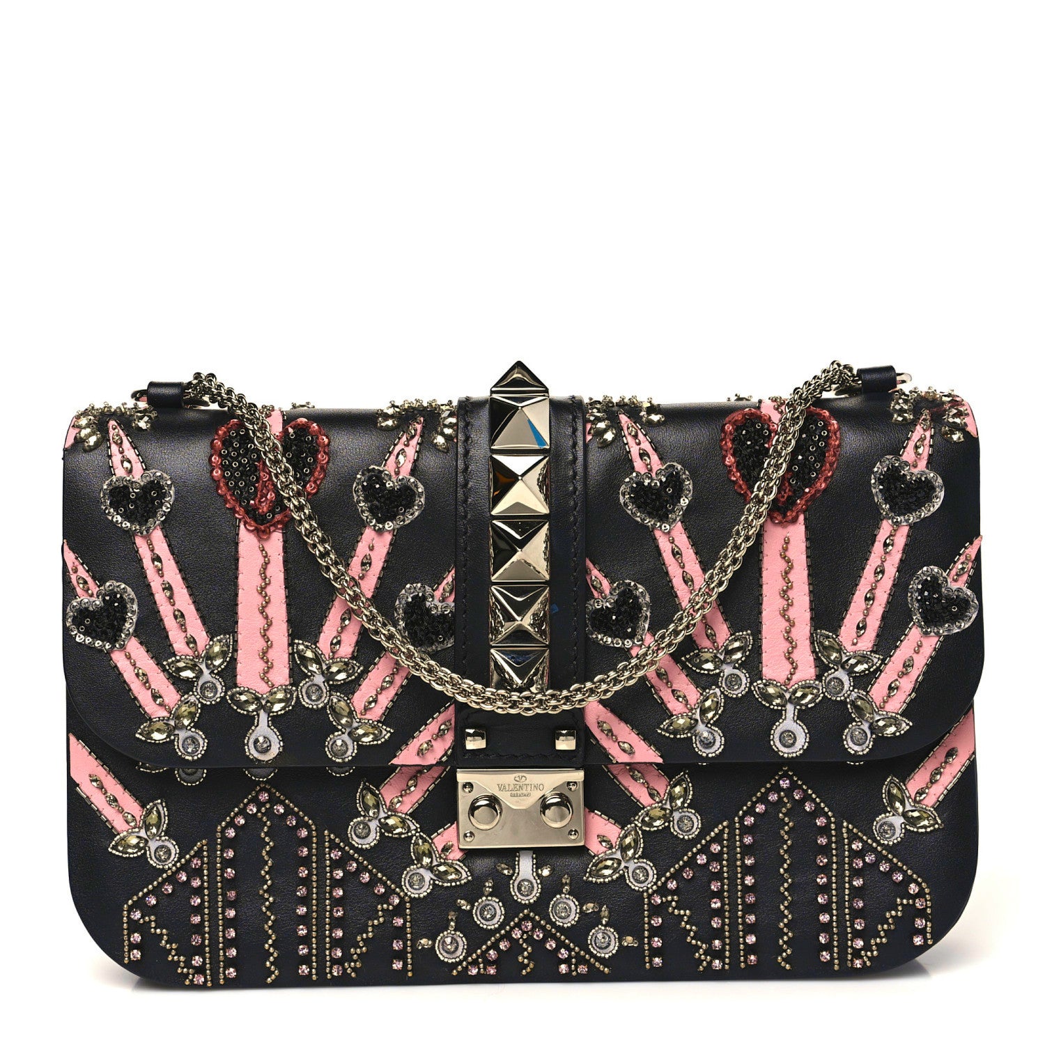 Valentino Garavani Vitello Crystal Loveblade Embellished Medium Glam Lock Rockstud Flap Black 1 of 12