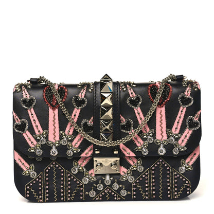 Valentino Garavani Vitello Crystal Loveblade Embellished Medium Glam Lock Rockstud Flap Black 1 of 12