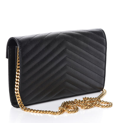Saint Laurent Grain De Poudre Matelasse Chevron Monogram Chain Wallet Black 3 of 9
