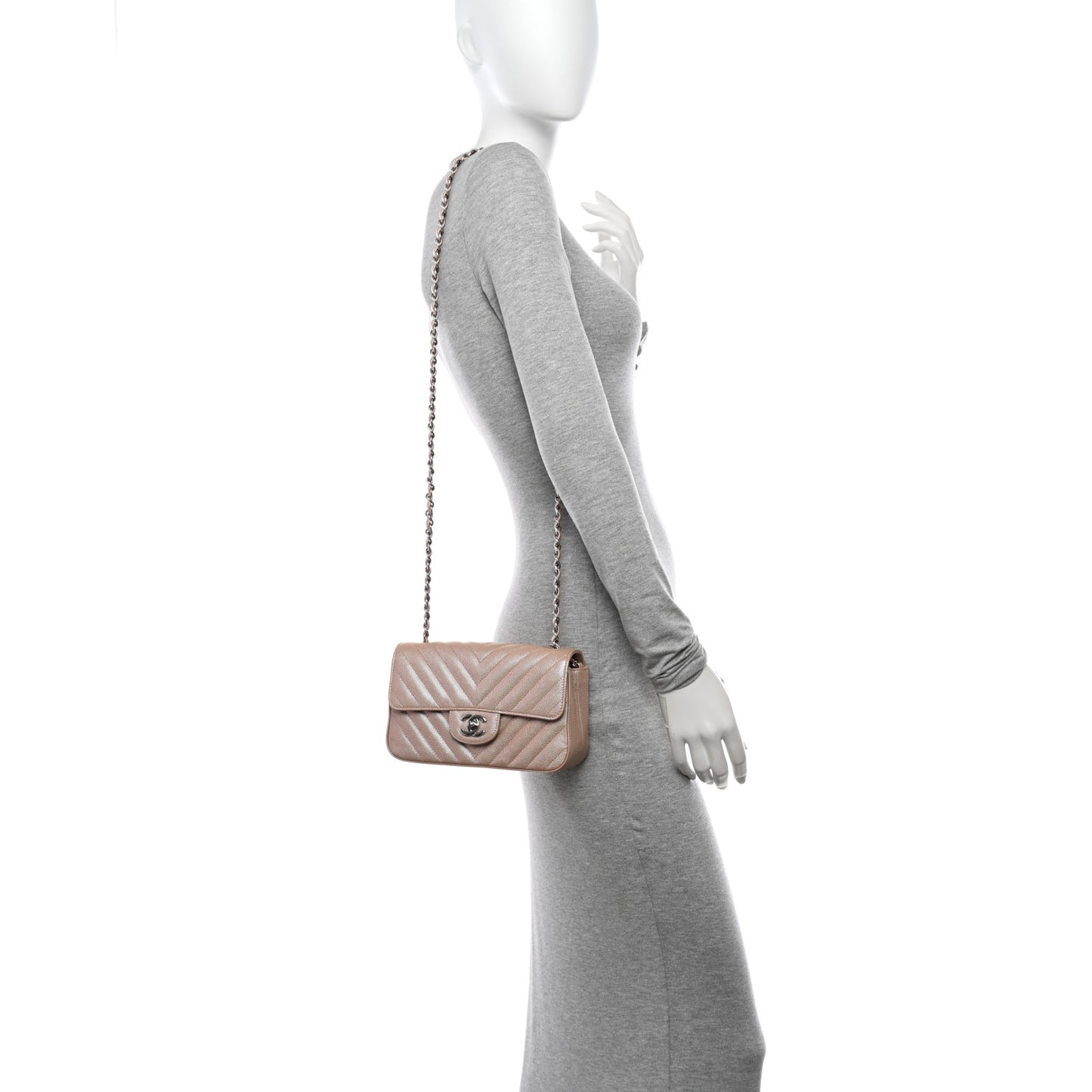 Iridescent Caviar Chevron Quilted Mini Rectangular Flap Light Gold