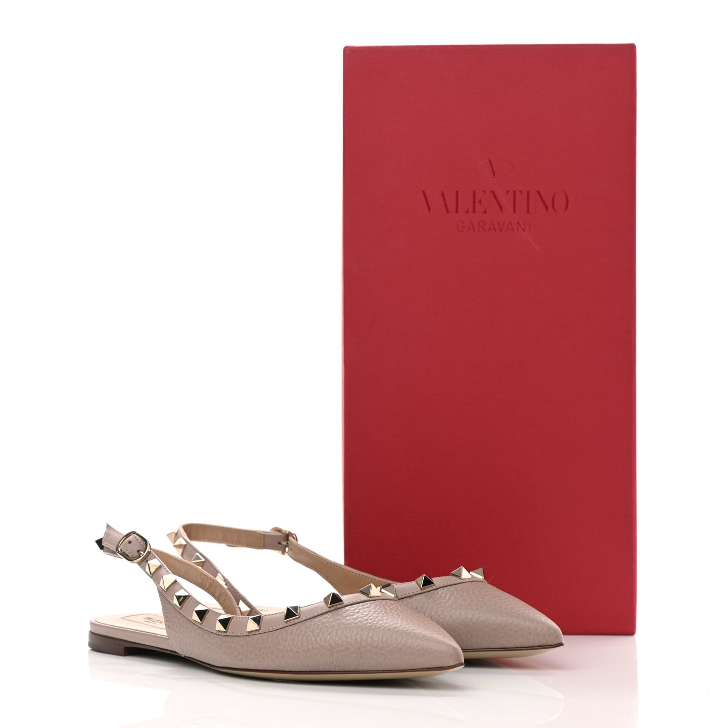 Pebbled Calfskin Rockstud Slingback Flats 36.5 Poudre