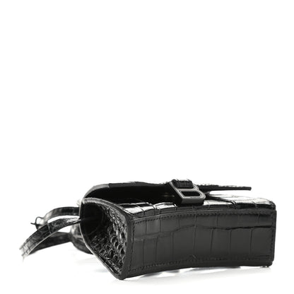 Balenciaga Shiny Calfskin Monochrome Crocodile Embossed Hourglass Top Handle Bag Mini Black 3 of 9