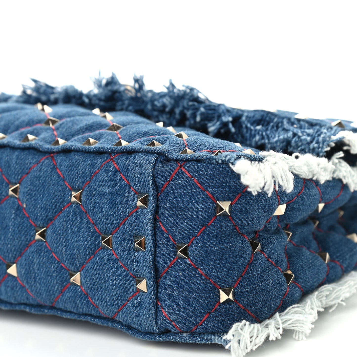 Denim Fringe Medium Rockstud Spike Shoulder Bag Blue