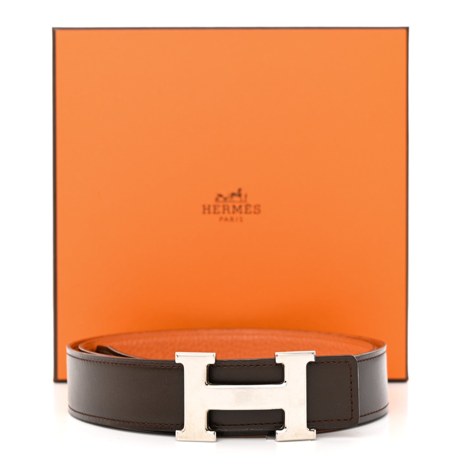 Hermes Togo Box 32mm H Belt 85 34 Orange Chocolate 17 of 17