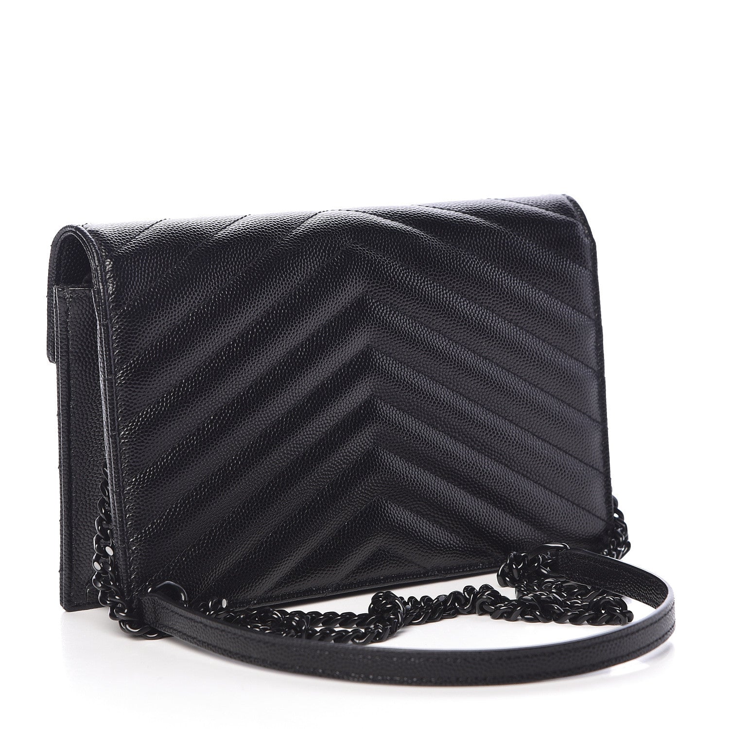 Saint Laurent Grain De Poudre Matelasse Chevron Monogram Envelope Chain Wallet Black 3 of 11
