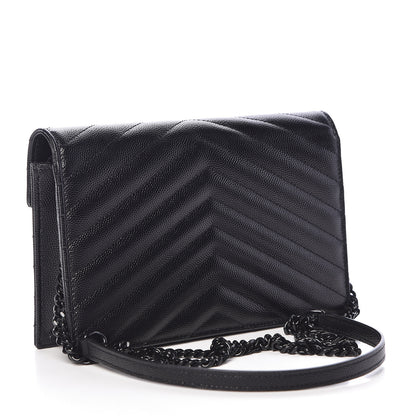 Saint Laurent Grain De Poudre Matelasse Chevron Monogram Envelope Chain Wallet Black 3 of 11