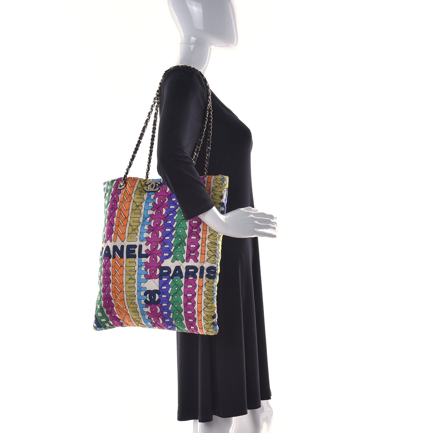 Printed Fabric Quilted Logo Large Shopping Tote Multicolor