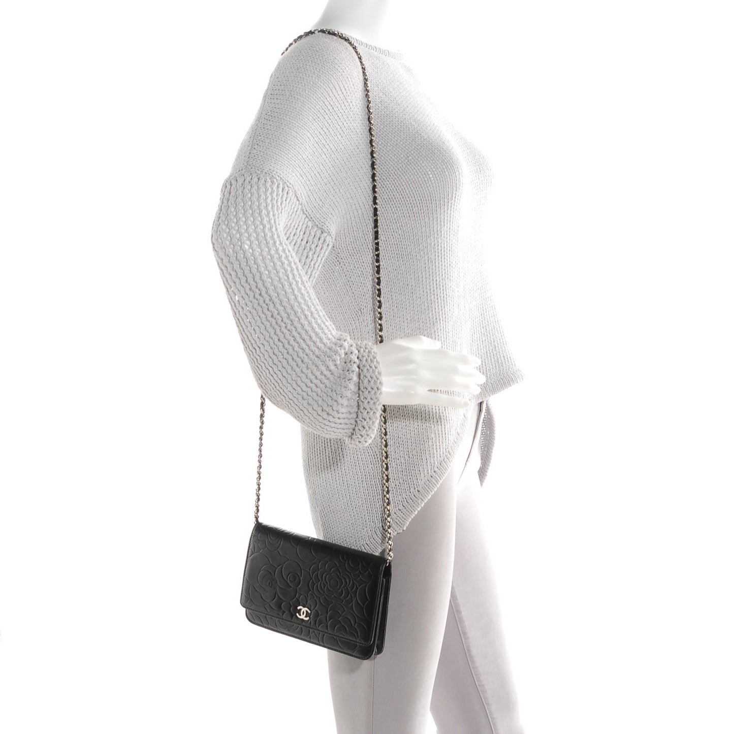 Lambskin Camellia Wallet on Chain WOC Black