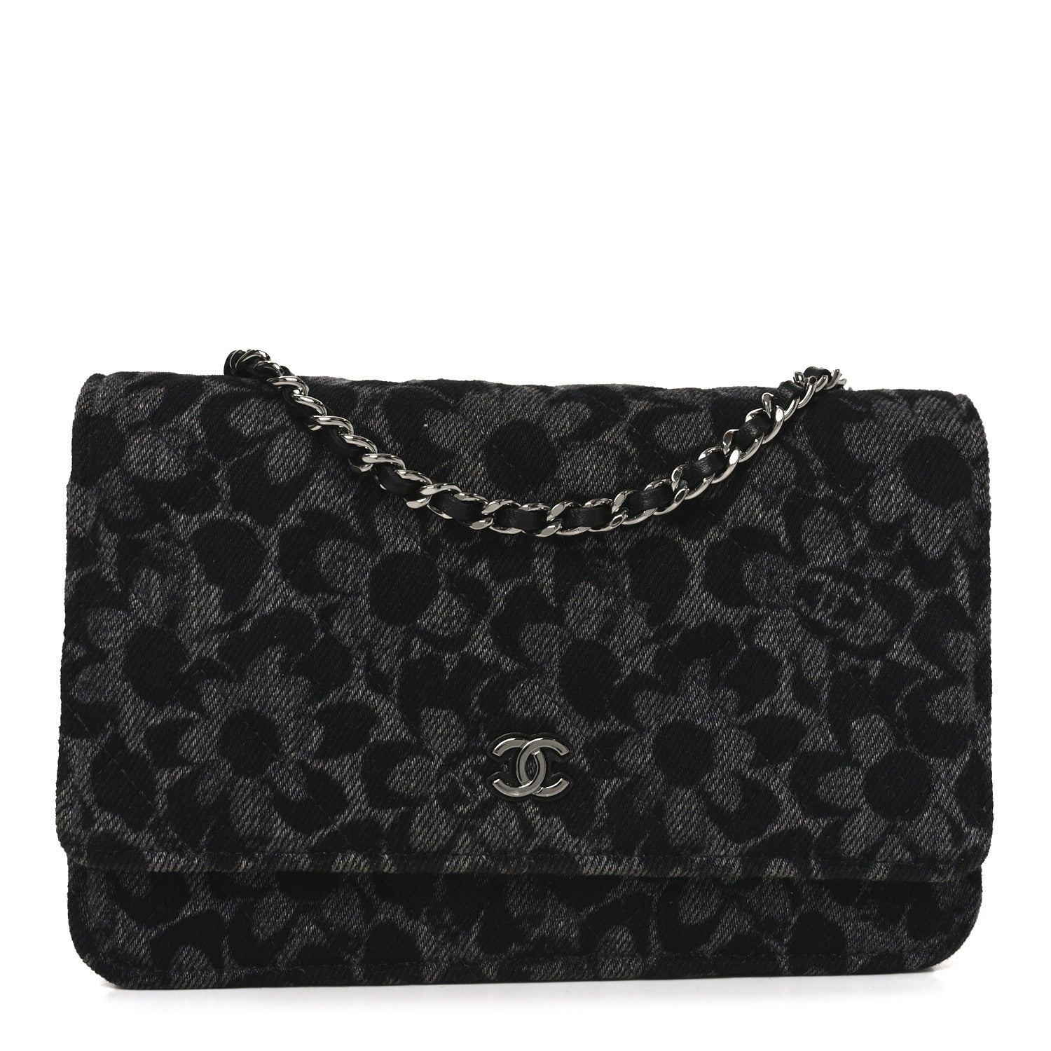 Chanel Printed Denim Quilted Flower Wallet On Chain WOC Black 1 of 12