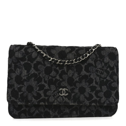 Chanel Printed Denim Quilted Flower Wallet On Chain WOC Black 1 of 12