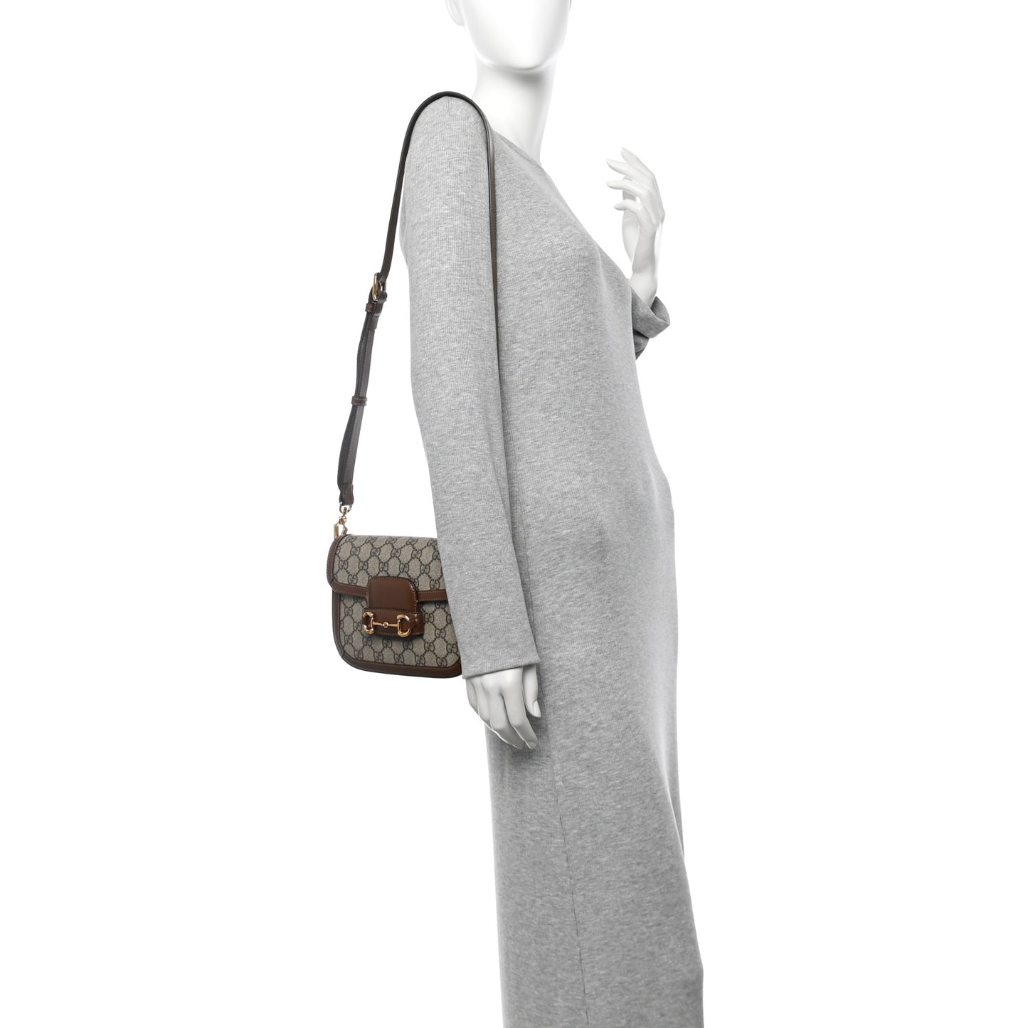 GG Supreme Monogram Azalea Calfskin Web Mini Horsebit 1955 Shoulder Bag Beige Ebony Brown Sugar