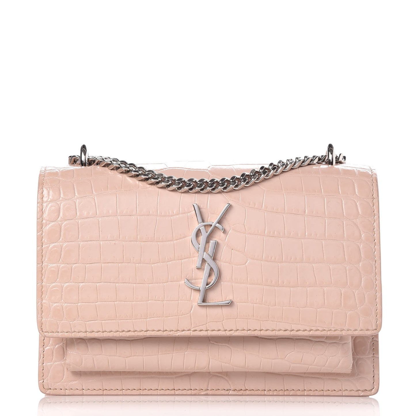 Calfskin Crocodile Embossed Monogram Sunset Chain Wallet Soft Nude