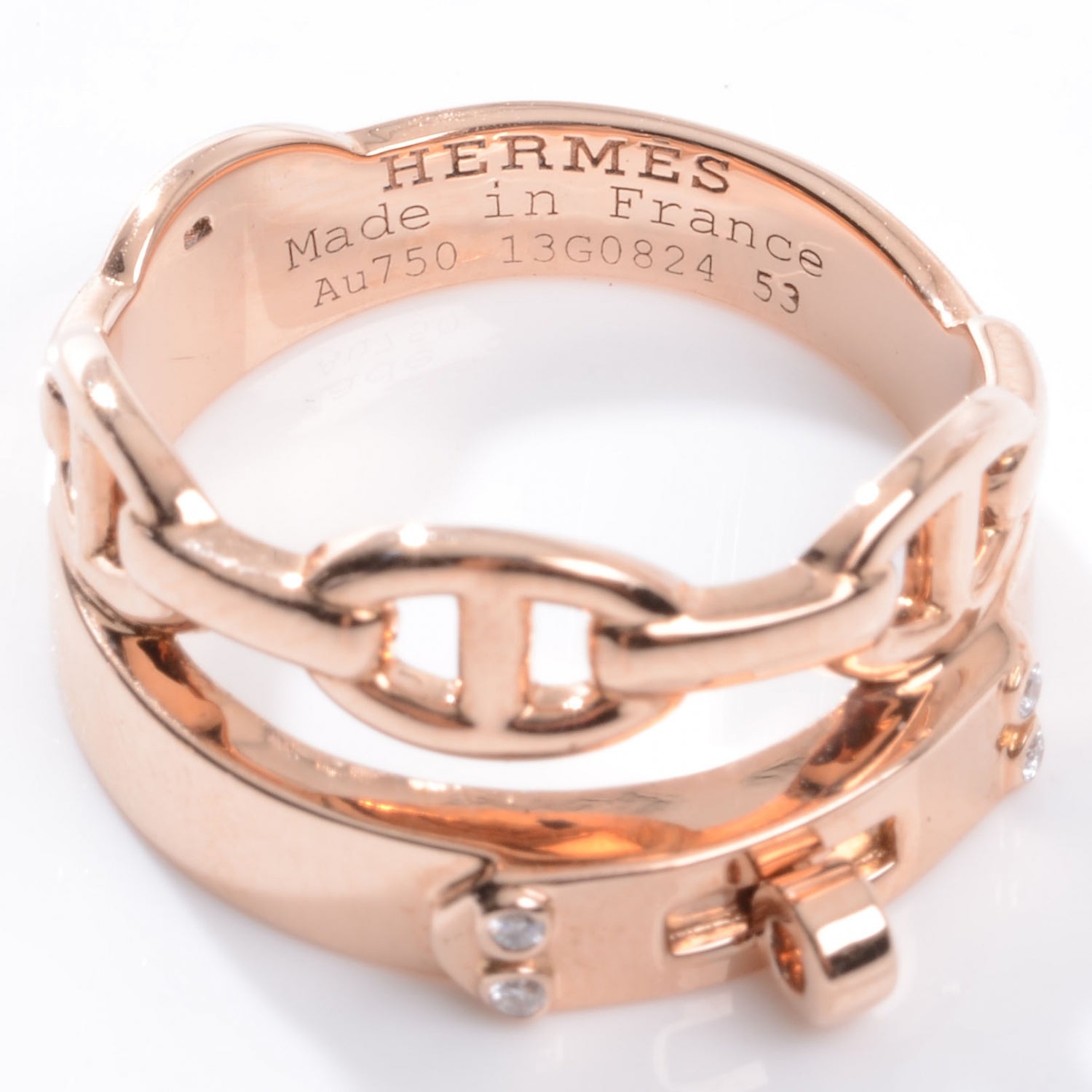 Hermes 18K Rose Gold Kelly Diamond Double Tour Chaine d'Ancre Ring 53 6.5 3 of 6