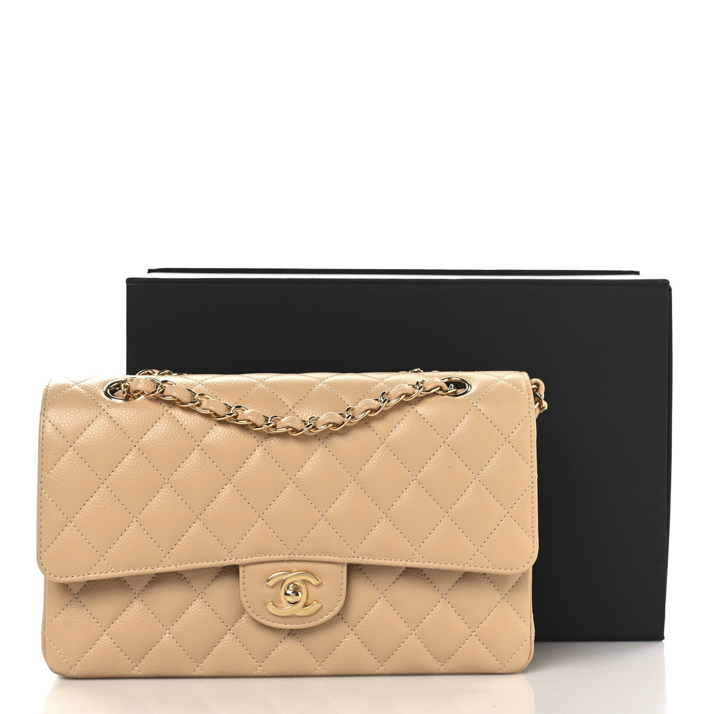 Caviar Quilted Medium Double Flap Beige