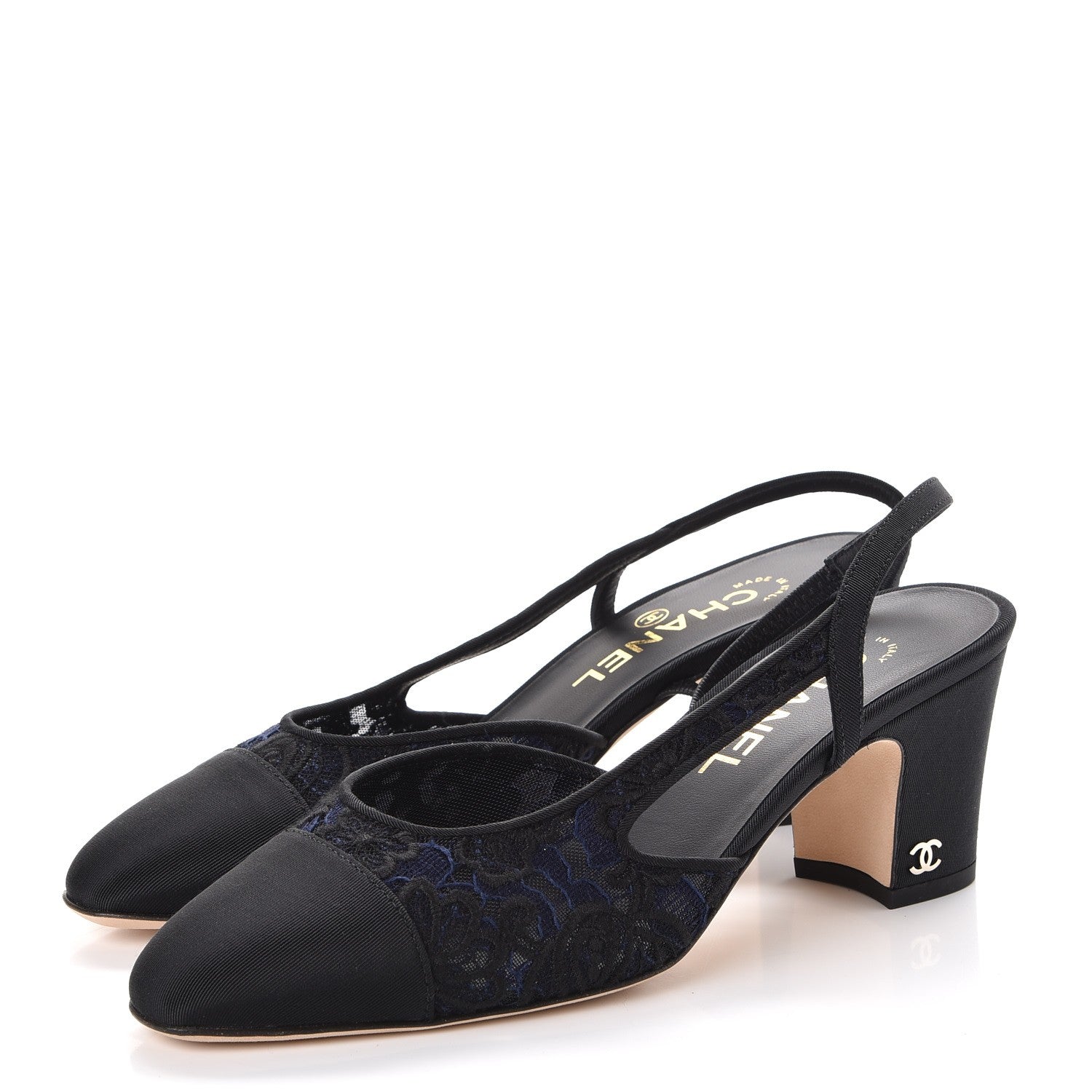 Chanel Lace Grosgrain Cap Toe CC Slingback Pumps 37.5 Navy Black 3 of 9