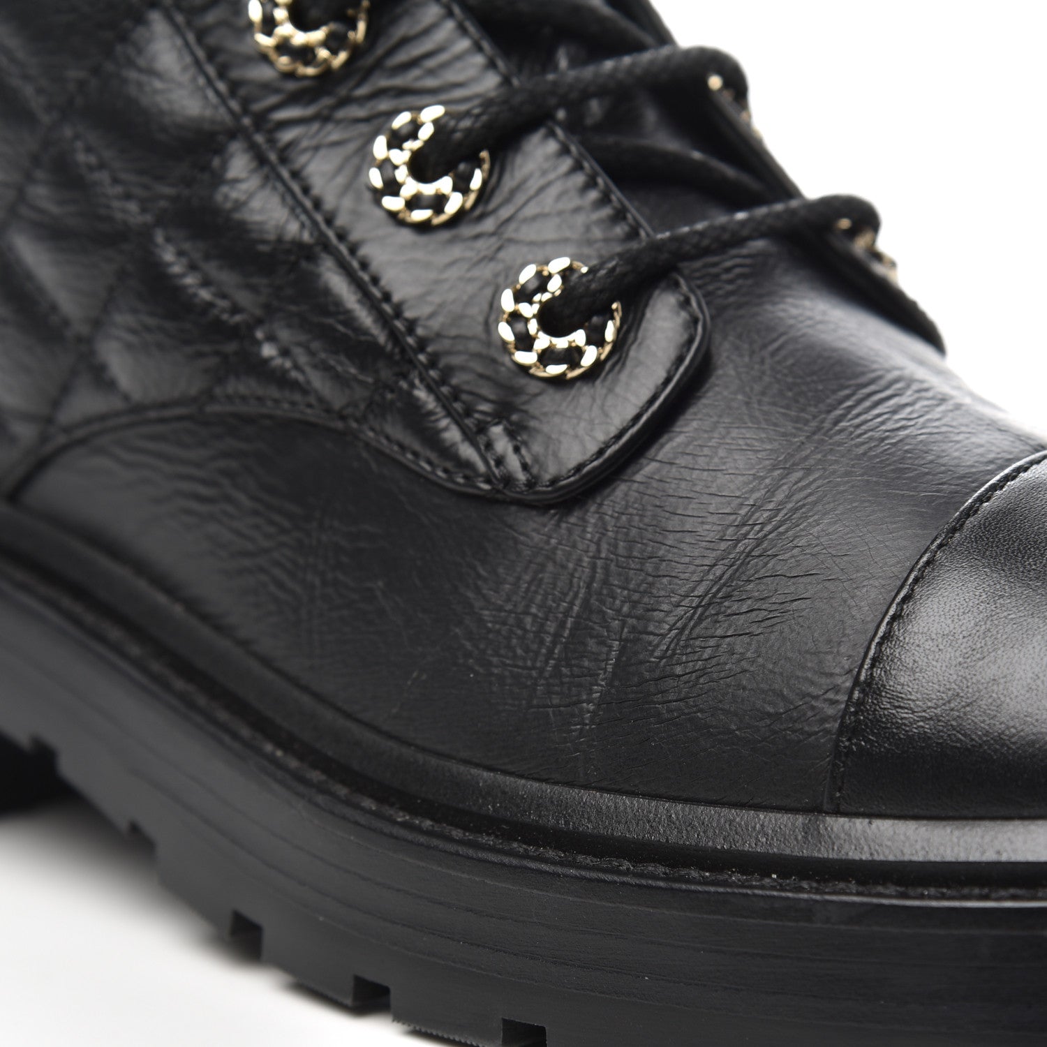 Chanel Shiny Goatskin Calfskin Quilted Lace Up Combat Boots 38 Black 14 of 17