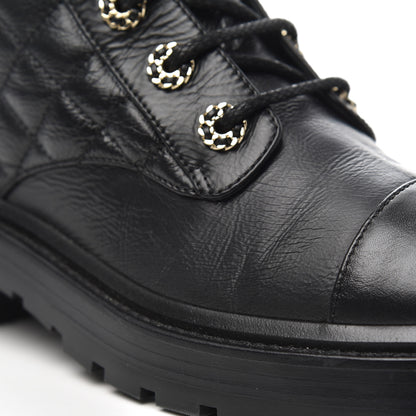 Chanel Shiny Goatskin Calfskin Quilted Lace Up Combat Boots 38 Black 14 of 17
