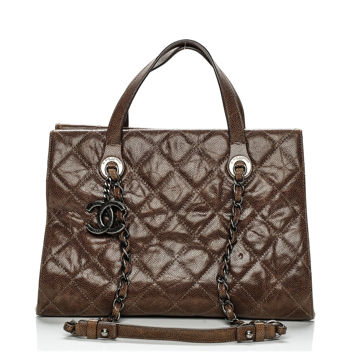 Crumpled Grained Calfskin CC Crave Tote Brown