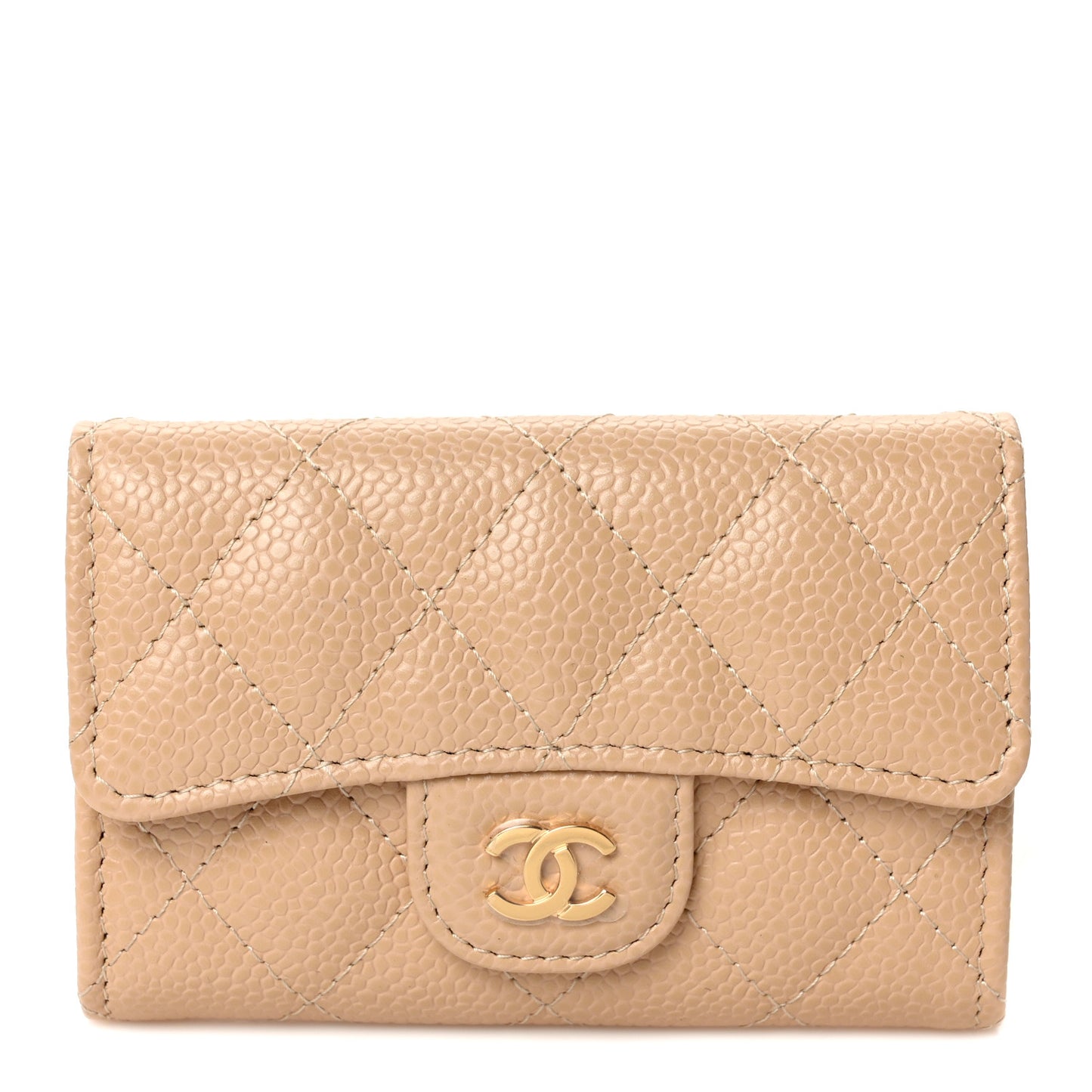 Caviar Quilted Flap Card Holder Wallet Beige