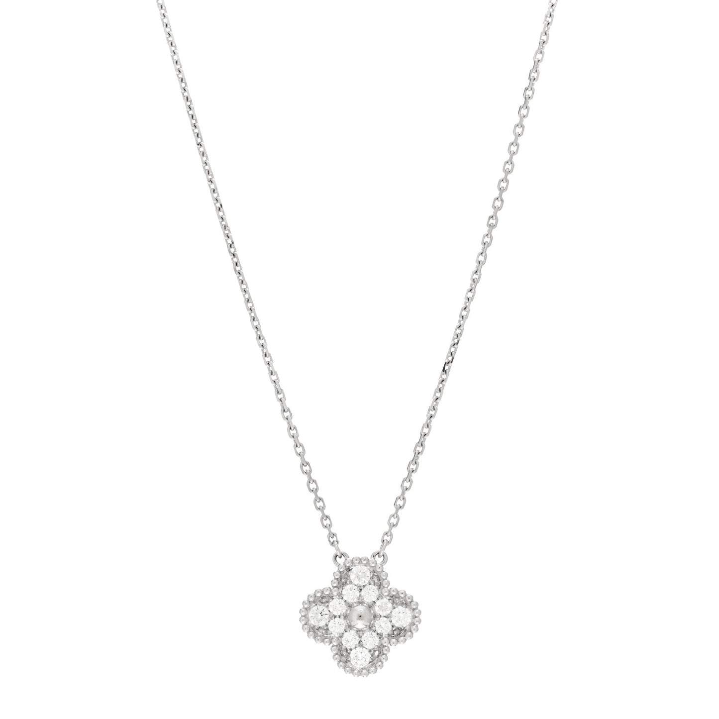 18K White Gold Diamond Vintage Alhambra Pendant Necklace