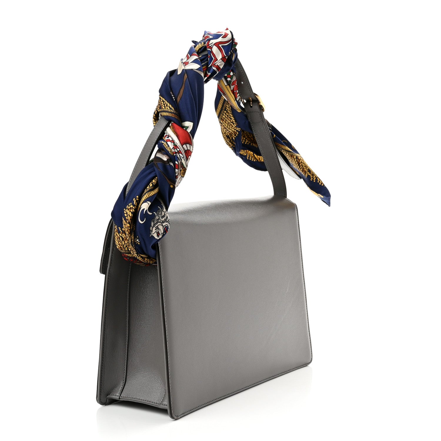 Gucci Textured Calfskin Silk Scarf Medium Torchon GG Ring Shoulder Bag Grey 3 of 10