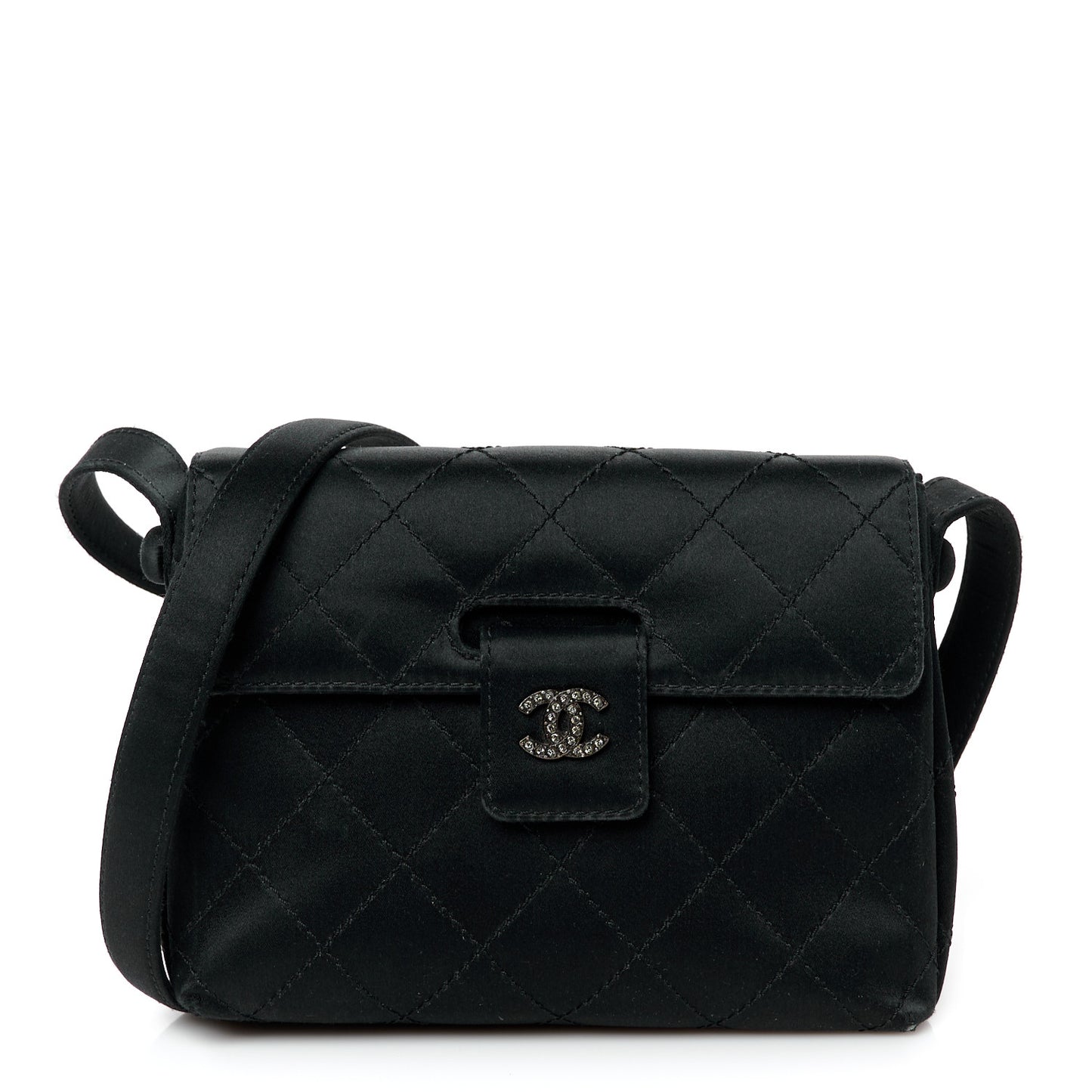 Satin Quilted Crystal CC Mini Square Flap Black