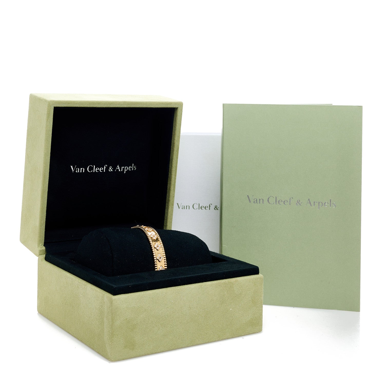 Van Cleef & Arpels 18K Yellow Gold Diamond Perlee Clovers Bangle Bracelet M 1 of 4